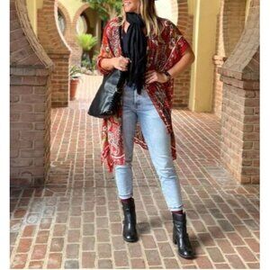 Humble Hilo Kimono Womens One Size Red Boho Print Extra Long Elegant Beachy